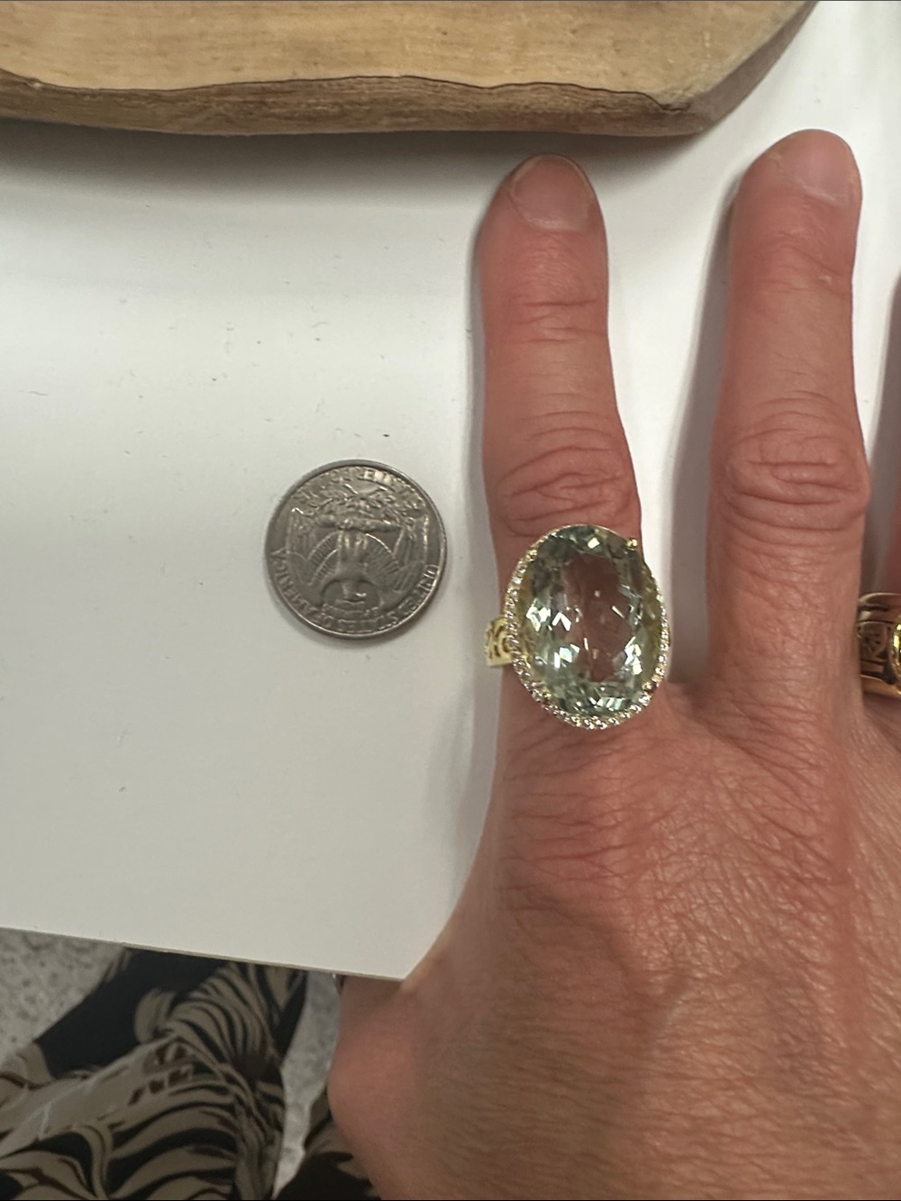 Gold Ring with Large Light Green Oval Gemstone size 8
